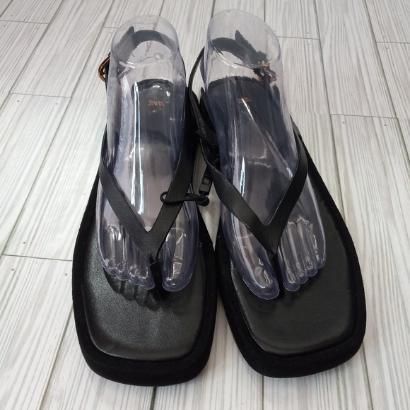 Zara Leather Suede Square Block Sandals - Picture 2 of 9